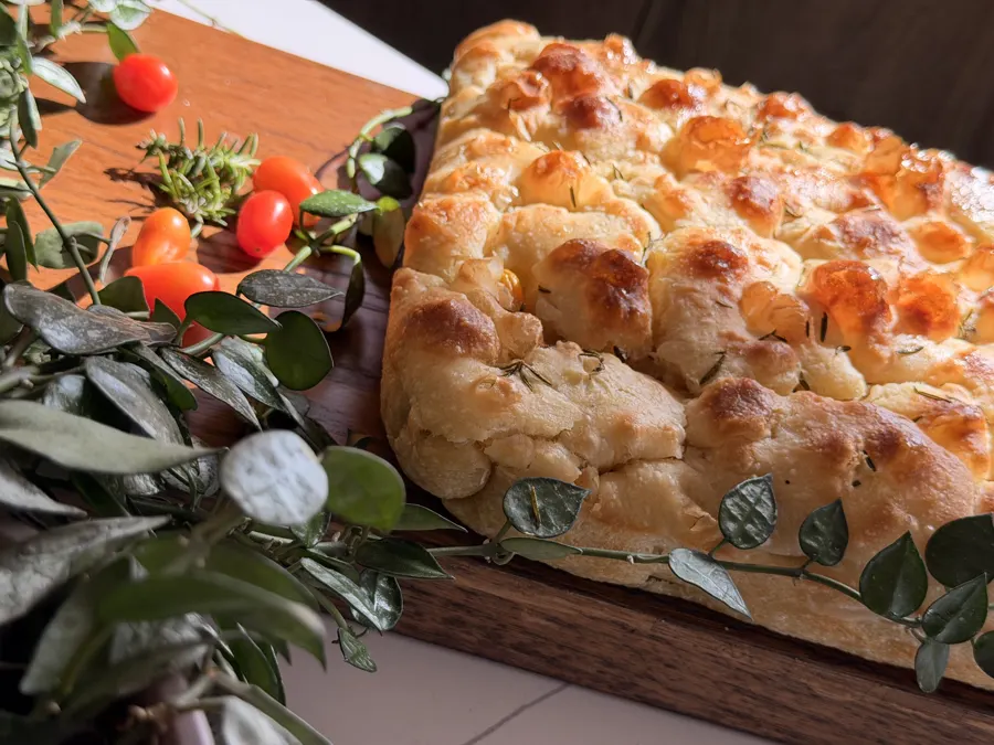 Baraké sourdough focaccia with cherry tomatoes and herbs